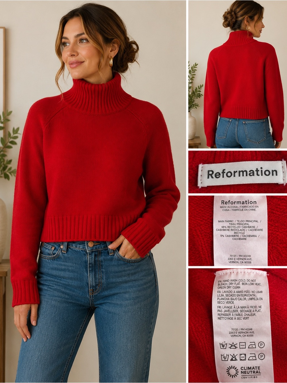 Reformation Red Recycled Cashmere Turtleneck Cropped Sweater Women’s XS
